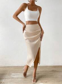 Chiquease Women's  Elegant Pleated Midi Skirt With Side Slit - Casual & Versatile - Champagne - View 5