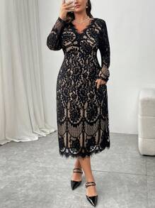 Firerie 大码蕾丝撞色 V 领长袖网眼花卉印花连衣裙，适合约会、晚宴，超长款