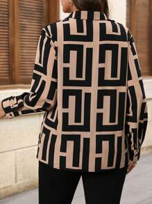 SHEIN Clasi 大码女式秋季几何印花长袖单排扣宽松休闲衬衫 - 彩色 - 查看 2