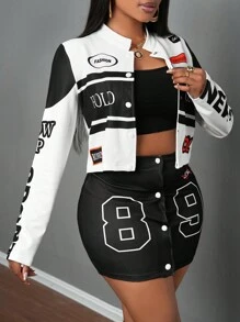 Slaydiva 3 件套摩托车风格印花夹克、吊带背心和迷你裙套装，秋冬 - 彩色 - 查看 4