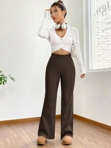 SHEIN EZwear High Waist Flare Leg Khaki Knit Pants - Coffee Brown - View 6