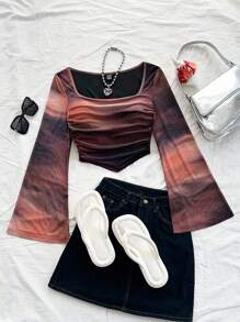 Soleia Casual Vacation Knit Mesh Tie-Dye Tie Dye Print Square Neck Long Flare Sleeve Slim Cute T-Shirt