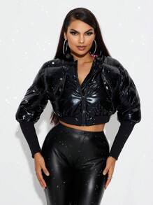 SHEIN SXY Áo khoác chần bông PU dày và có đệm cho nữ, ấm áp và có lót cho mùa thu/đông - màu đen - Xem 5