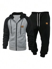 Manfinity Homme Bộ áo nỉ trùm đầu màu tương phản thường ngày dành cho nam trưởng thành - màu đen - Xem 1