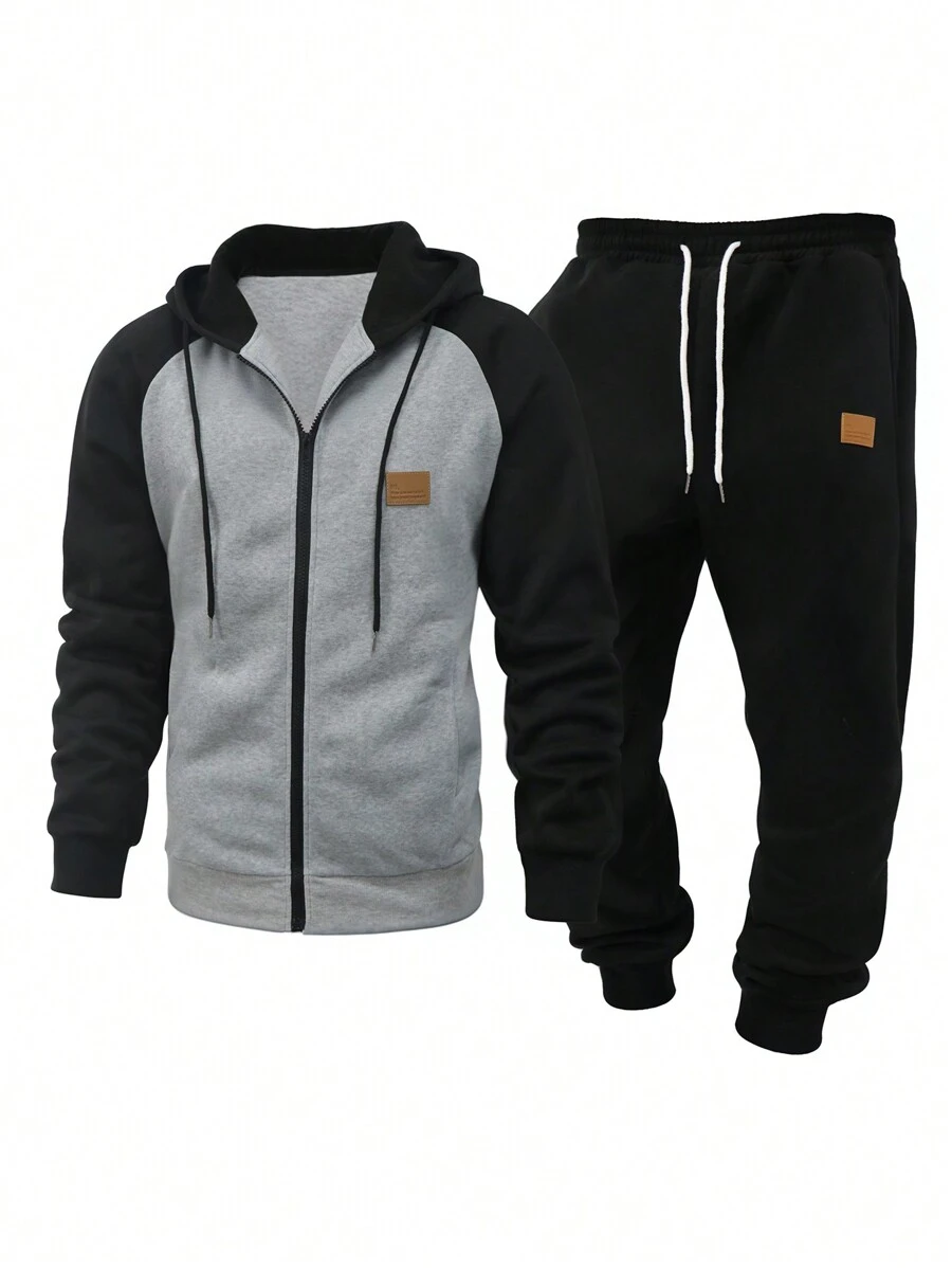 Manfinity Homme Bộ áo nỉ trùm đầu màu tương phản thường ngày dành cho nam trưởng thành - màu đen - Xem 1