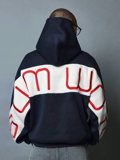 SUMWON 复古运动风格超大套头连帽衫，双色设计长袖运动衫，街头运动服，都市时尚冬季