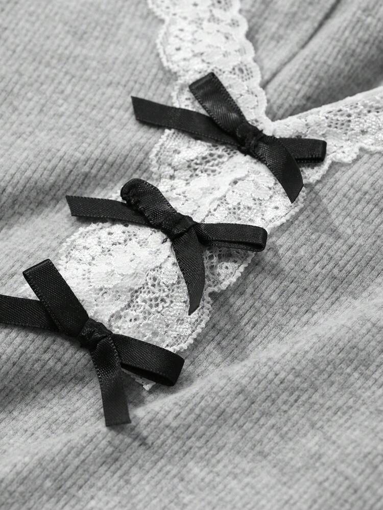 Lace Patchwork Bow Decor Wavy Hem Pajama Set, Fall Winter Clothes