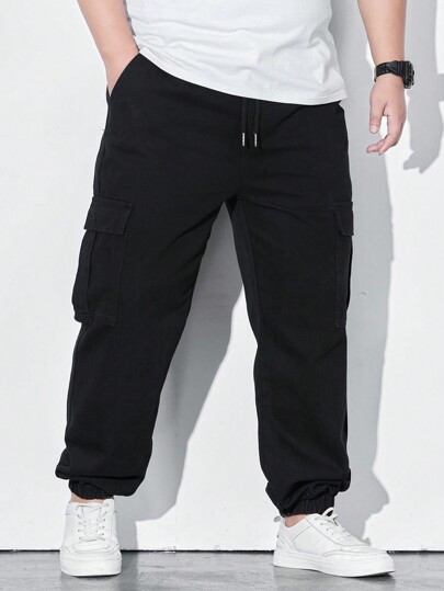 Manfinity Homme Herren Große Größen Freizeithose aus Jeans mit Kordelzug Taille, Cargotaschen und weiter Passform