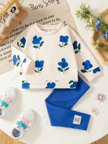 SHEIN Playful Pals 女婴花卉印花罗纹针织圆领运动衫和休闲紧身裤套装，舒适时尚，秋冬