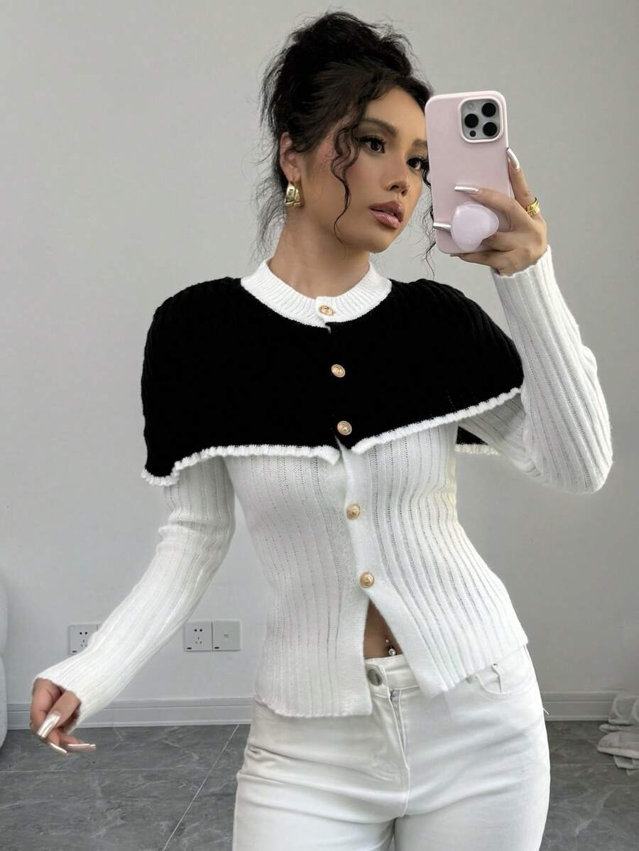SHEIN Unity Women's Contrast Color Elegant Minimalist Romantic Cardigan Sweater Fall Cloth For Women - Multicolor - View 1