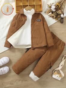 SHEIN 2 件套年轻男孩法兰绒翻领长袖夹克衬衫和裤子，罗纹细节，百搭休闲装，适合外出