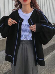 FRIFUL Women's Contrast Color Trim Front Button Casual Versatile Long Sleeve Sweatshirt,Fall Clothes - Blue - View 1