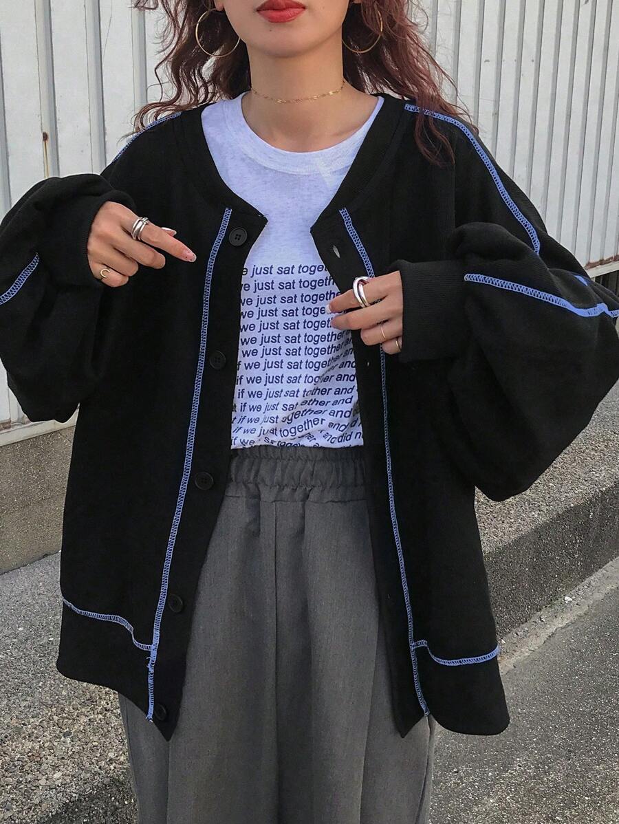 FRIFUL Women's Contrast Color Trim Front Button Casual Versatile Long Sleeve Sweatshirt,Fall Clothes - Blue - View 1