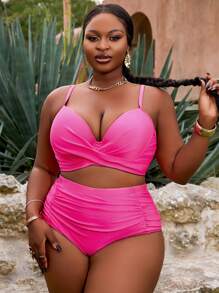 Slaydiva 大码女式高腰褶皱比基尼，纯色支撑罩杯钢圈泳装，优雅别致，适合夏季度假 - 玫紅色 - 查看 4