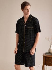 EverLounge Men's Polka Dot Print Stand Collar Short Sleeve Single-Breasted Top And Shorts Pajama Set - Multicolor - View 5