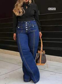 Plus Size Women American Casual Basic Multi-Button Flared Denim Jeans