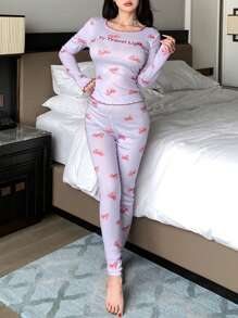 DAZY 扎染蝴蝶结图案印花撞色边修身睡衣套装秋冬 - 紫色 - 查看 6