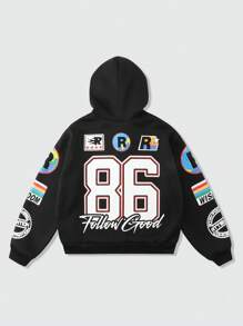 ROMWE MEN Street Life Men's Letter Print Loose Cropped Hoodie Sweatshirt, Street Style For Autumn/Winter - Black - View 2