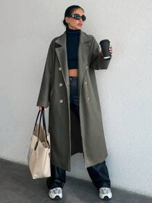 SHEIN Cottnline Women's Notched Lapel Double Breasted Coat - Army Green - View 1
