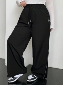 Dazy Plus 大码刺绣装饰拼布松紧腰阔腿休闲裤，四季皆宜