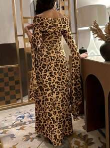 Off Shoulder Fold-Over Collar Bell Sleeve Leopard Print Fitted Flared Dress, Casual Style - Multicolor - View 2