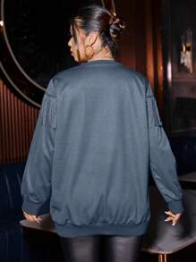 Calvaya Plus Size Dames Ronde Hals Trui Gebreid Bedrukt Kwastje Strass Versierd Lange Mouw Hoodie