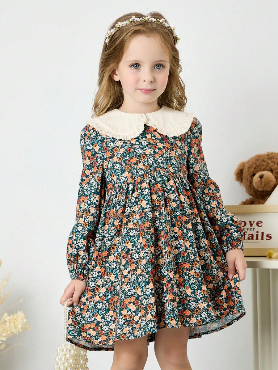 SHEIN Leap Crew Đầm dệt trơn màu cổ Peter Pan cho bé gái & váy chắp vá họa tiết hoa nhỏ nhắn - Cà phê nâu - Xem 1