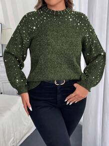 Calvaya Plus Size Women's Elegant Drop Shoulder Long Sleeve Faux Pearl Decorated Sweater, Autumn/Winter Knit Pullover Fall