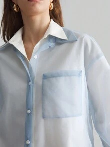 Ontre Áo sơ mi lưới xanh bốn mùa dành cho nữ, áo sơ mi rộng rãi thời trang và đa năng, món đồ kết hợp hoàn hảo - Màu xanh nhạt - Xem 7