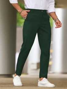 Manfinity Mode Calça Casual Masculina de Cor Sólida e Cintura Ajustada, Outono - Verde Escuro - Visão 7