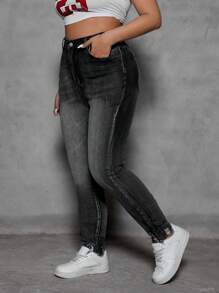 SHEIN ICON Plus Size Contrast Color Skinny Pocket Casual Versatile Denim Jeans - Dark Grey - View 4