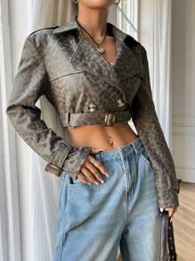 SHEIN EZwear Women's Autumn Leopard Print Lapel Collar Long Sleeve Short Fashionable Trench Coat