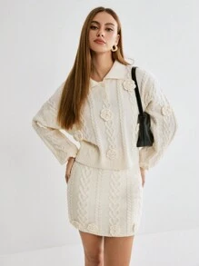 Enchnt 1 szt. Elegancki sweter damski w jednolitym kolorze z 3D kwiatowym wzorem, jesień - Beżowy - Zobacz 1