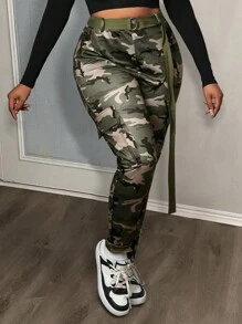 Slaydiva Elegant Casual Holiday New Year Valentine's Day Street/Streetwear Style For Women/Gyaru, Base Camo Print Skinny Cargo Pants - Green - View 4