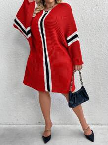 SHEIN CURVE+ فستان كاجوال بتصميم كم الخفاش مع ياقة مستديرة وخطوط، للنساء مقاسات كبيرة، موسم الخريف/الشتاء