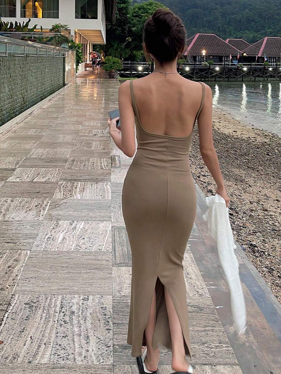 DAZY 女式方领细肩带修身高开衩连衣裙，节日花朵度假海滩，春夏露背/露背太阳裙，休闲女装 - 卡其色 - 查看 1