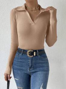 SHEIN Unity 1 pieza Suéter de mujer de unicolor de manga larga, ajustado y con textura, suéter de punto de otoño/invierno - Camel - Ver 5