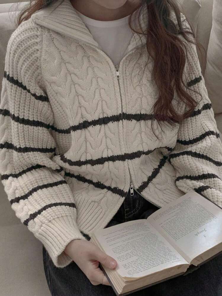 Women's Casual Striped Color Block Turn Down Collar Cardigan, Autumn/Winter,Fall Women Clothes