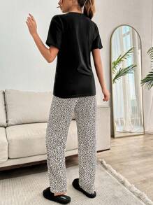 EURMUSE 100%Cotton 2pcs/Set Women Cotton Animal Print Detail Homewear Pajama Set - Black - View 2