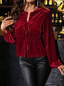 SHEIN Clasi Women's Glitter Velvet Front Tie Halter Blouse For Festive Party, Autumn/Winter Women Shirt Fall Cloth For Women - Burgundy - View 3