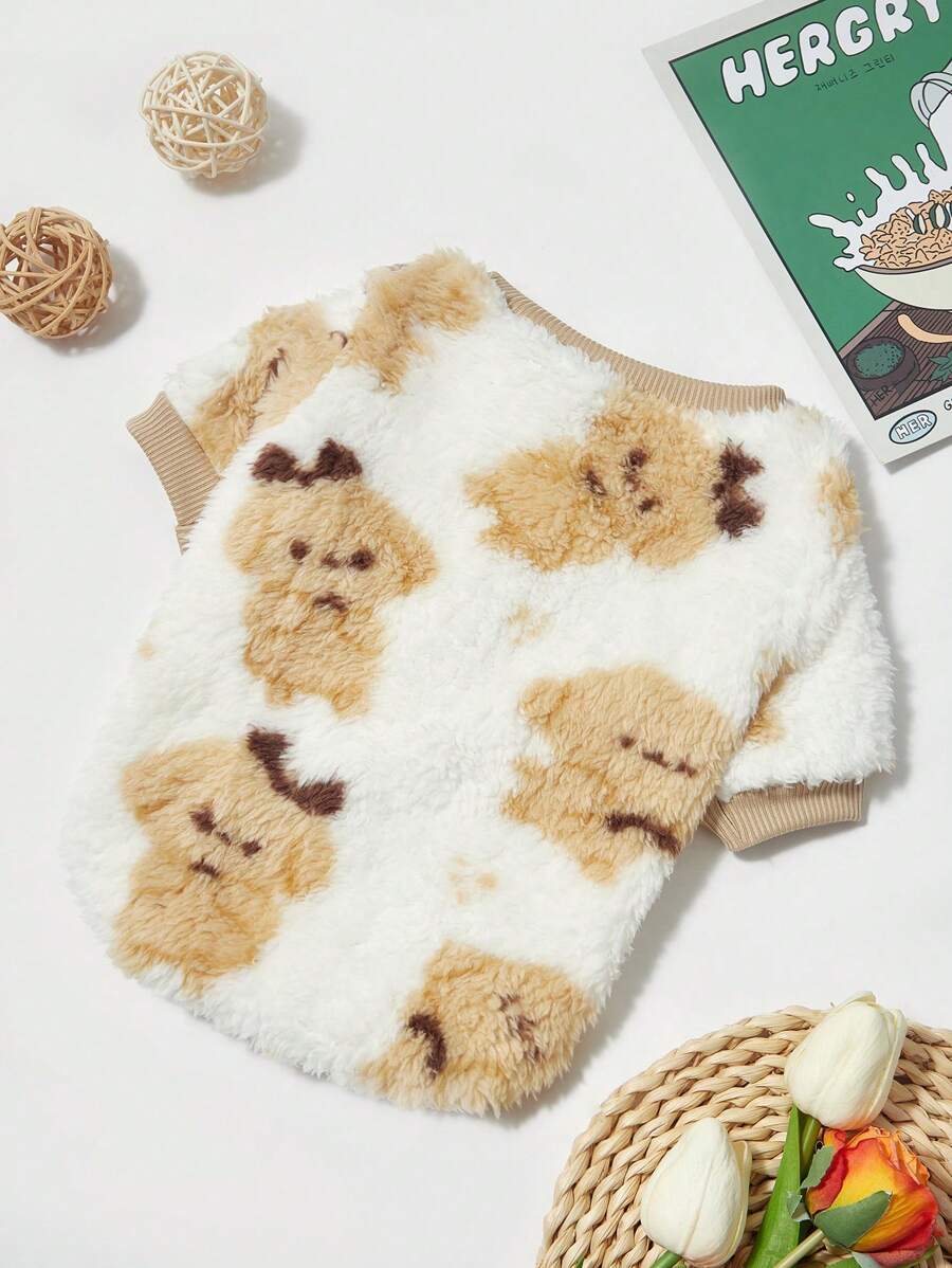 PETSIN 1 件宠物抓绒圆领卫衣，可爱小狗印花，保暖狗狗款