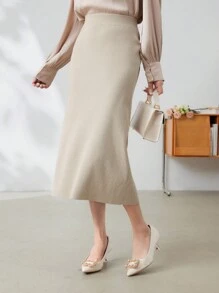 DAZY Solid Color Women Casual Pullover Sweater Mid-Length Skirt,Fall Clothes - Apricot - View 1