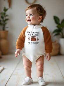 1 pieza Enterizo suave y informal para bebé niño con bordado de letras en inglés, fútbol y logo, con capucha de bloques de color, manga larga, abrigado para otoño/invierno - Marrón - Ver 8