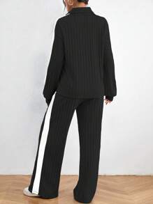 Chiquease 2pcs Women's Simple Casual Long Sleeve Top And Pants Set, Fashionable For Daily Wear Fall Cloth For Women - Black - View 2