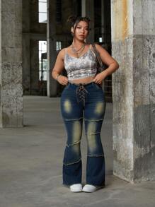 Jeanoix Plus Size Fashion Distressed Criss-Cross Frayed Hem Slim Fit Flare Leg Jeans - Blue - View 4
