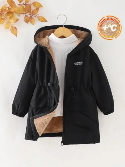 Young Girl Woven Solid Color Loose Cinched Waist Hoodie,In Fall/Winter