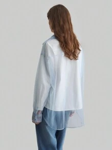 Ontre Áo sơ mi lưới xanh bốn mùa dành cho nữ, áo sơ mi rộng rãi thời trang và đa năng, món đồ kết hợp hoàn hảo - Màu xanh nhạt - Xem 5