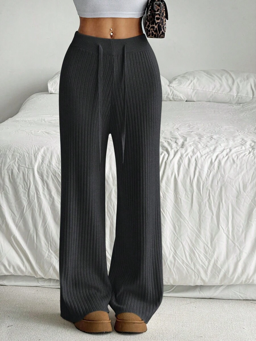 SHEIN EZwear Pantalones rectos sueltos con corbata a la cintura para mujer, grises, para otoño/invierno