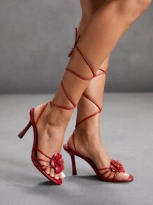 CUCCOO SZL Pink PU Floral Decor Women Round Toe High Heel Lace-Up Sandals Valentine's Day - Burgundy - View 3