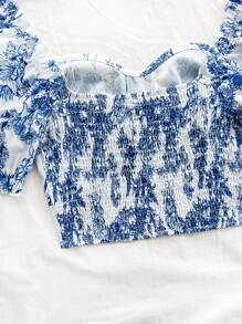 Soleia Women's Holiday Blue & White Floral Print Sweetheart Neck Puff Sleeve Ruffle Hem Patchwork Short Shirt - Multicolor - View 7